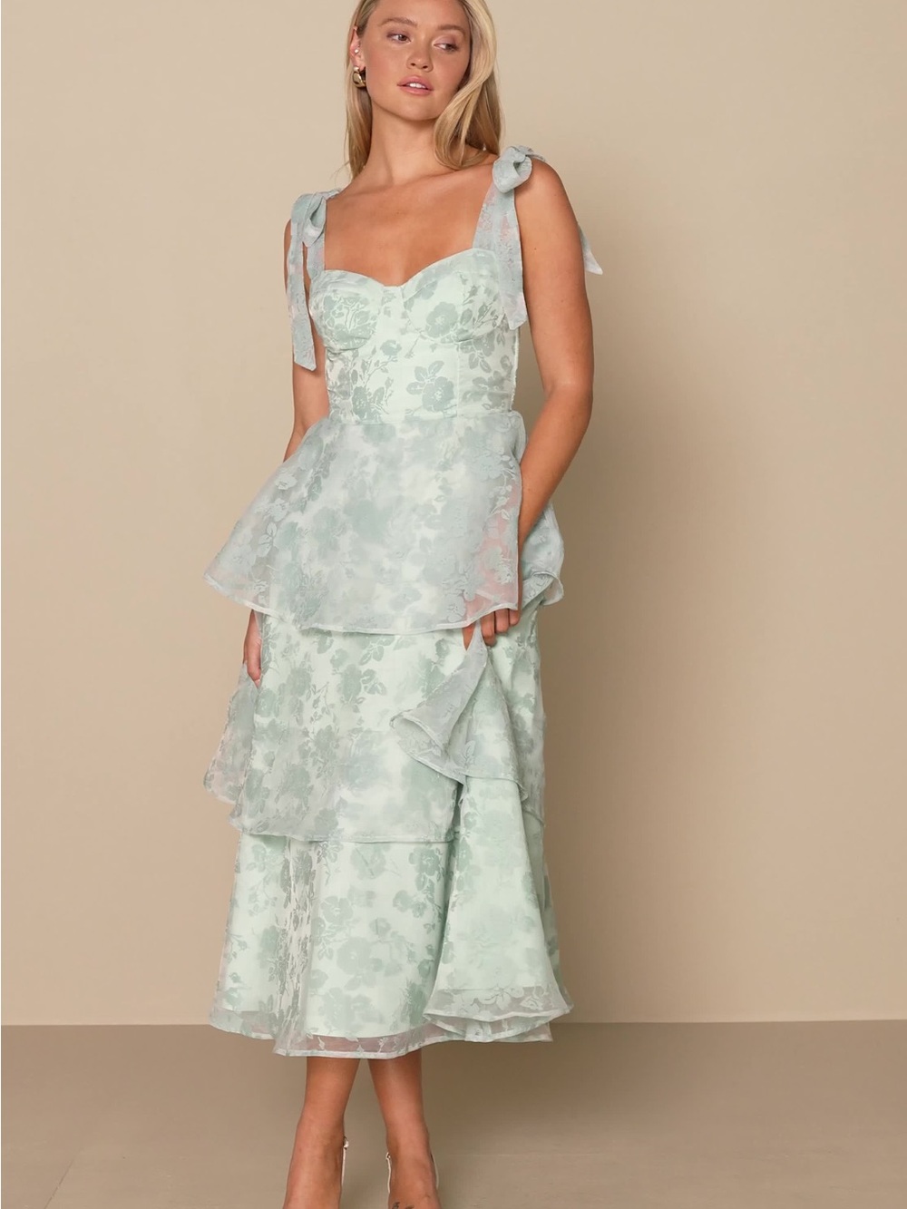 Lulu's Mint Green Floral Jacquard Dress with Sleeveless Cut